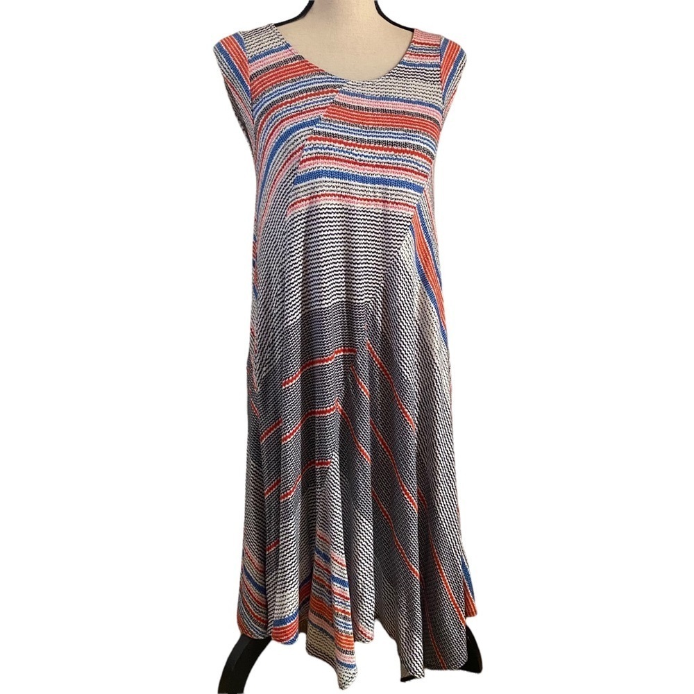 Philosophy  Sleeveless Striped Handkerchief Hem Dress. Blue Red White Black. PM